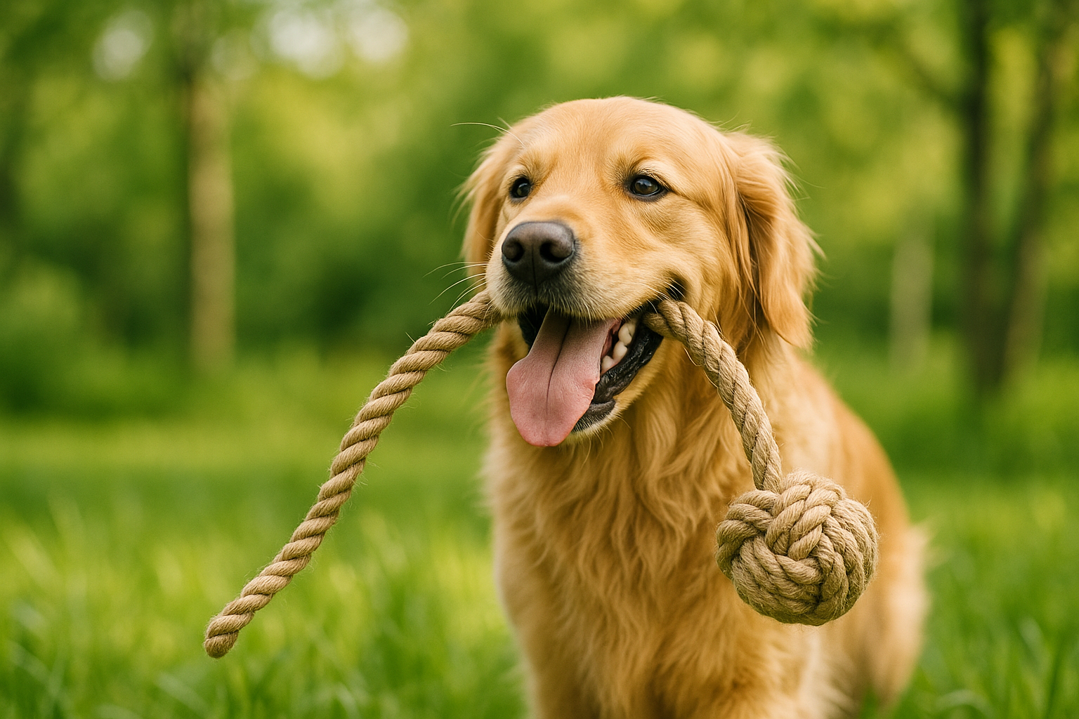 Necesito una imagen real para un banner, de un perro feliz con un juguete ecológico, en un entorno natural,